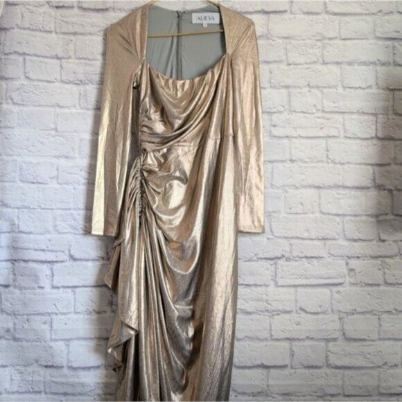 Alieva Narin Draped Midi Dress M Gold Metallic Ponte Stretch Shimmer Cocktail - Picture 4 of 8